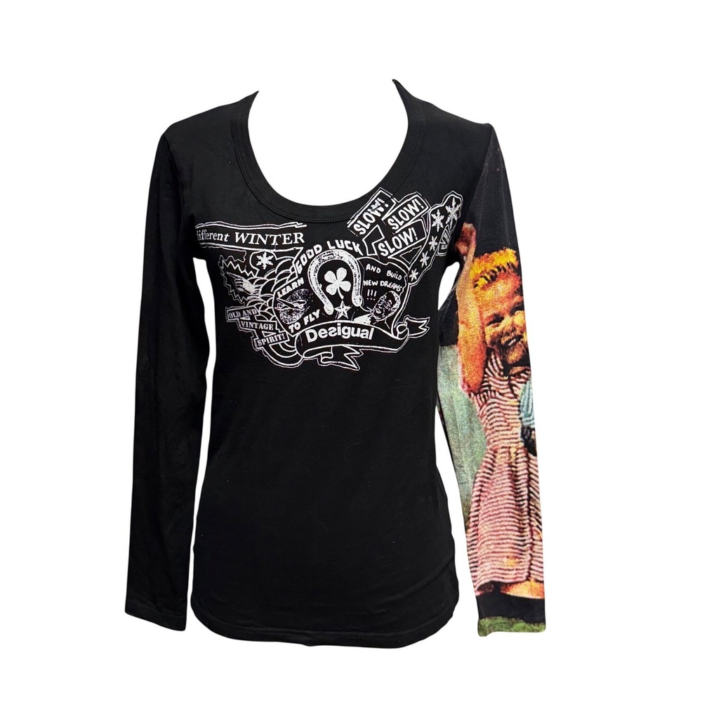 Desigual Retro Nights Graphic Tee Shirt Black Multi Color Sleeve Size Small
